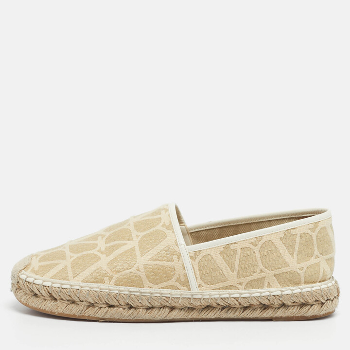 Valentino Beige/White Leather and Straw Vlogo Espadrille Flats Size 40