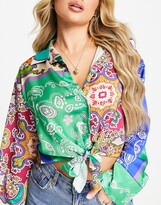 Thumbnail for your product : I SAW IT FIRST oversized satin shirt in teal and pink