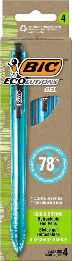 BIC Ecolutions Ocean-Bound Plastic Gel Pens, Medium Point, 1.0mm, Black Ink, 4-Pack