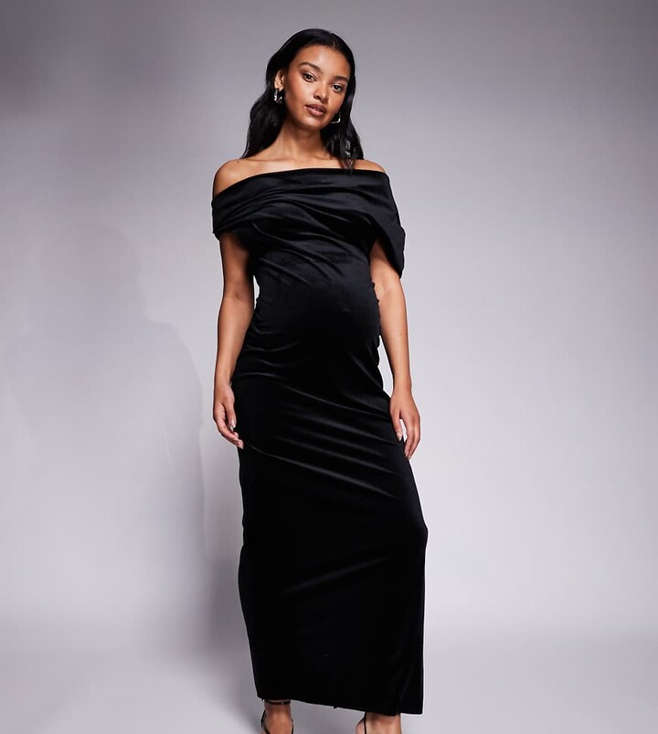ASOS Maternity ASOS DESIGN Maternity velvet midi dress with fallen shoulders in black