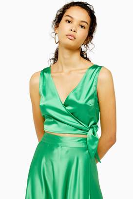 Topshop Womens Green Sleeveless Satin Wrap Top - Green