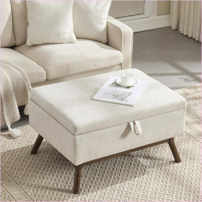 Latitude Run Ottoman with Storage Mid-Century Modern 31.5” Square for Living Room/Entryway | Walnut Brown Legs | Wood Frame