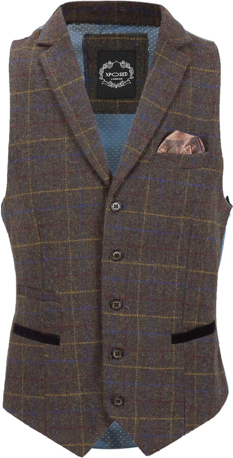 XPOSED of London Mens Tweed Check Waistcoat Vintage Herringbone ...