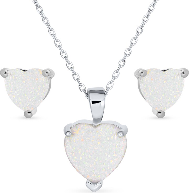Bling Jewelry Romantic Opal Heart Pendant Necklace and Stud Earrings Sterling Silver