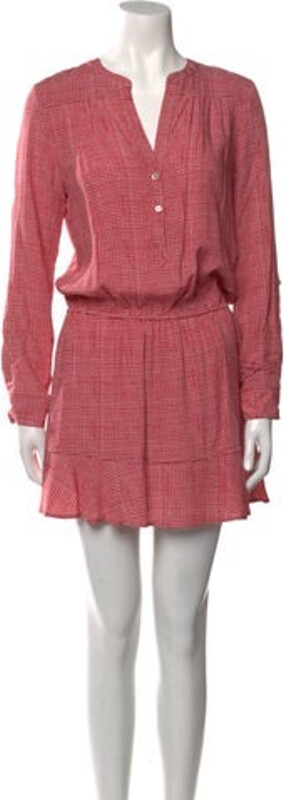 Joie A-Line Dress Red Plaid Print Ruffle Embellishment Long Sleeve with V-Neck Button Closure at Front Designer