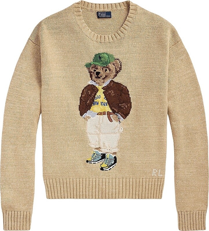 Women's Polo Bear Knit Crewneck Sweater - Tan Multi - Size Large