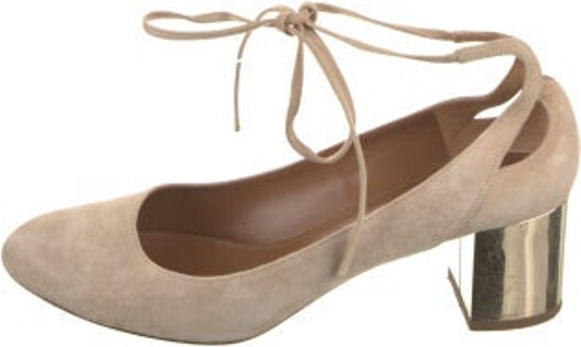 Aquazzura Suede Pumps Neutrals Round-Toes Wrap-Around Straps & Lace-Up Closure at Uppers