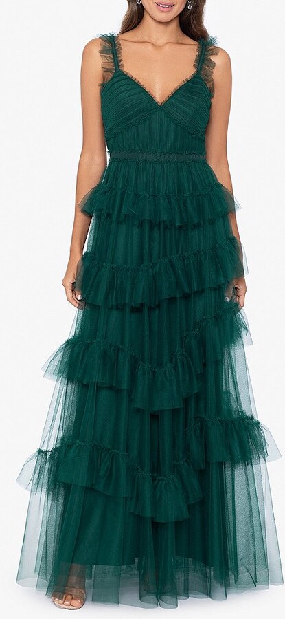 Betsy & Adam Mesh Tiered Ruffle Sleeveless Gown