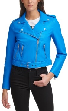 Blue vegan leather jacket Clearance