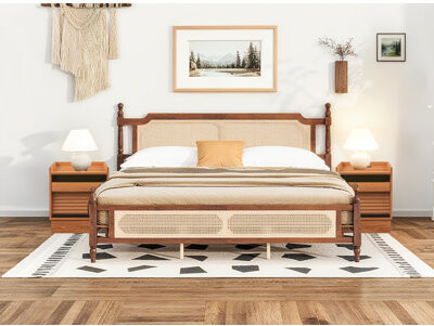 Bay Isle Home 3-Pieces bedroom set, ONE King Pine wooden Bed with Rattan Headboard & Footboard and TWO Mid Century Nightstand with Charging Station & LED lights.