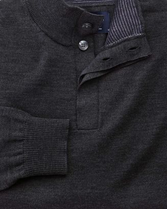 Charles Tyrwhitt Charcoal button neck merino wool sweater