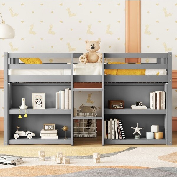 CAVINAS LLC CAVINASTwinSizeModernBunkBedwithTwo-TierShelves&LEDLightPineWoodBedFrameforBedroomKidsRoomGray