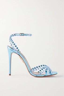 Aquazzura Tequila 105 Metallic Leather And Crystal-embellished Pvc Sandals - Blue