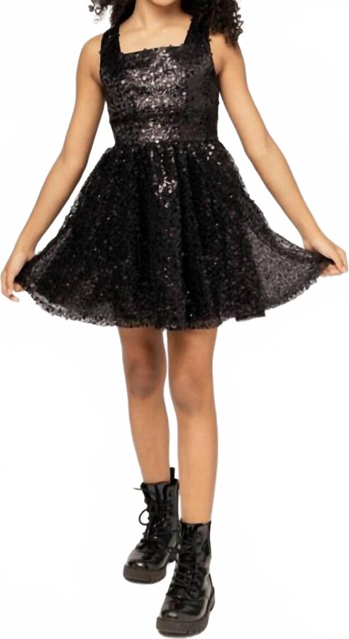 Miss Behave Girls Girl's Harper Square Neck Open Back Sequin Tulle Dress In Black