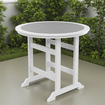 42 Inch Round Patio Bar Table, Outdoor High Top Pub Table For 4 With Adirondack Chairs, All-Weather HDPE Balcony Garden Bistro Table, Easy Clean White