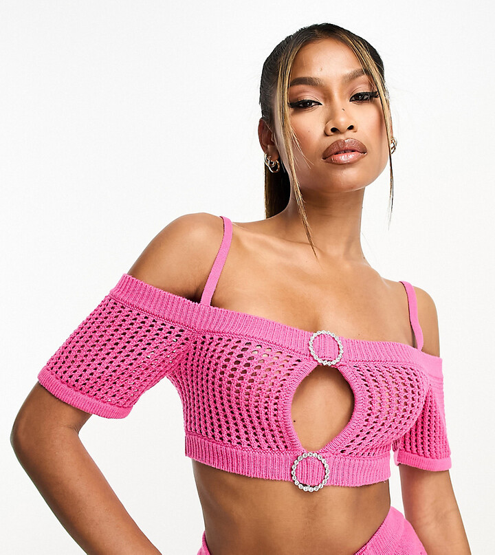AsYou knit off the shoulder crochet bralet with diamante trim in pink set -  ShopStyle Tops