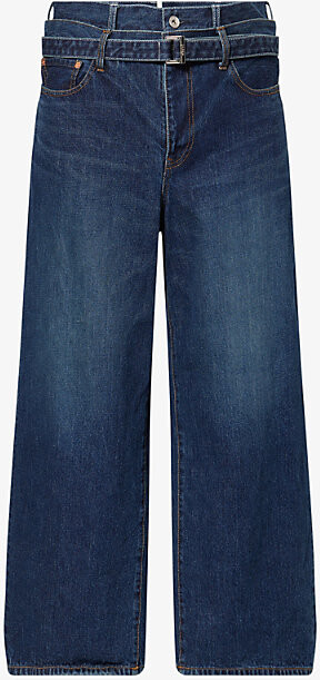 Sacai Mens Blue Belted Wide-Leg Denim Trousers S