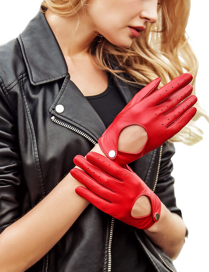 Ladies Long Wool & Leather Gloves,Black/Red 