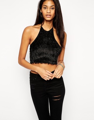 ASOS Crop Top with Halter Neck in Fluffy Fabric - Black