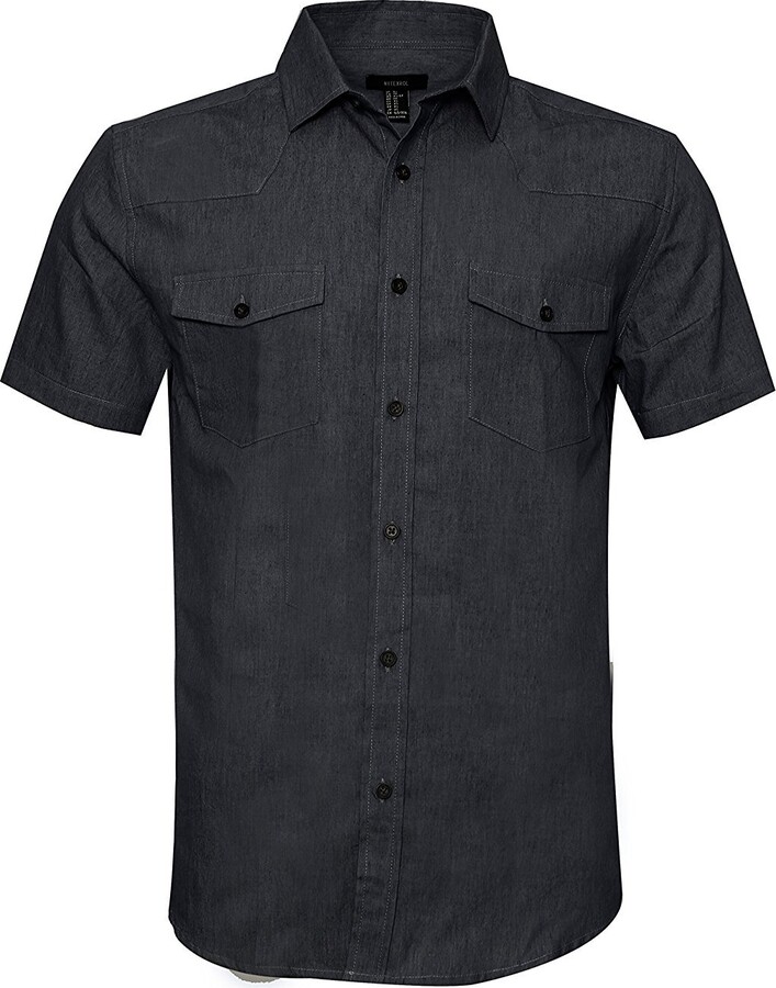 SOOPO Mens Cotton Short-Sleeve Denim Work Shirt Black XL - ShopStyle