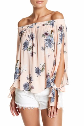 Hip Off-the-Shoulder Tie Sleeve Woven Blouse