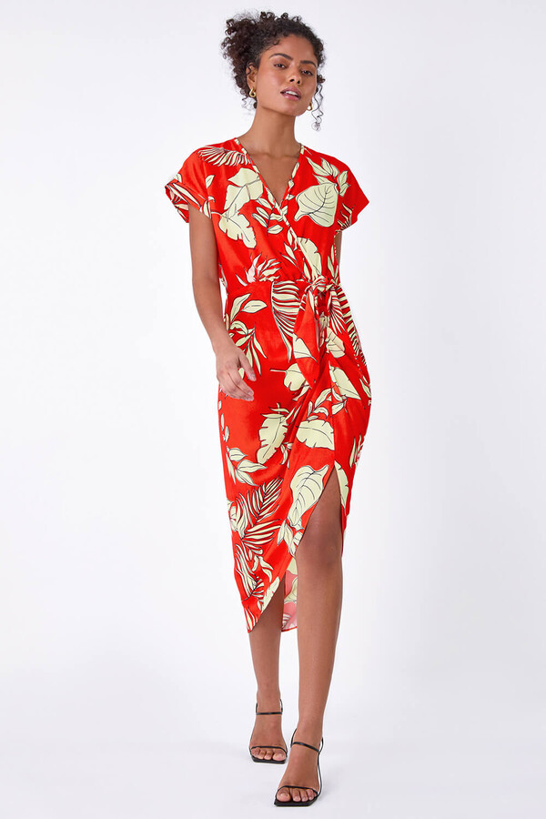 Dusk Roman Originals Floral Tie Detail Wrap Dress in Orange