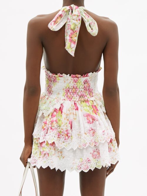 LoveShackFancy Deanna Halterneck Floral-print Cotton Mini Dress - Pink ...
