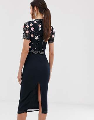 Frock and Frill floral and star embellished midaxi dress with keyhole kimono collar in navy