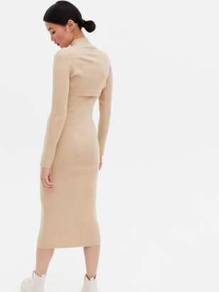 New Look Camel Knit High Neck Cut Out Midi Bodycon Dress