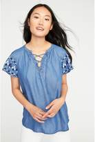Thumbnail for your product : Old Navy Relaxed Lace-Up Neck Chambray Top for Women