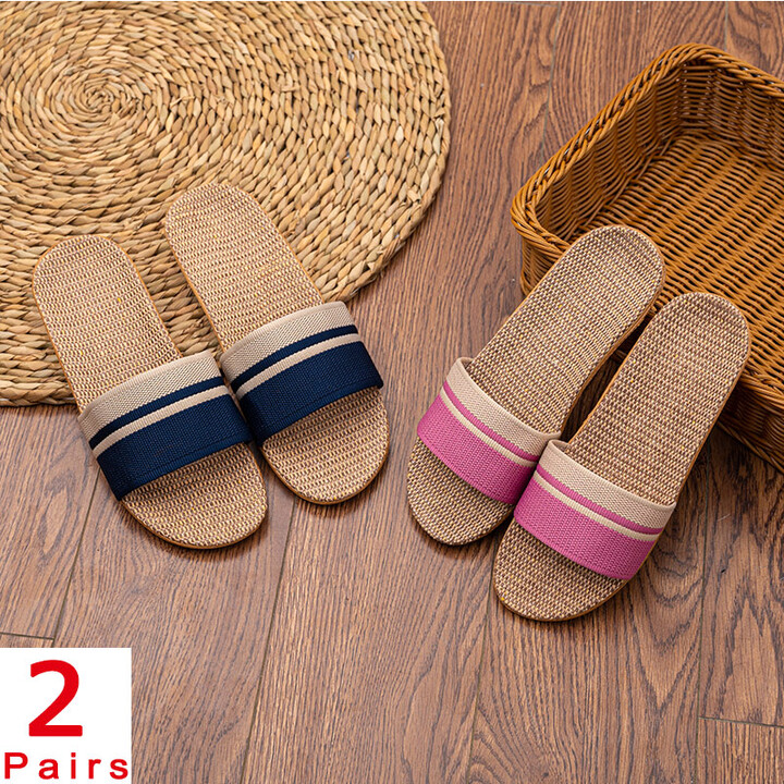 BAIRUILUN 2 Pairs Summer Linen Slippers Women Men EVA Lightweight Casual Flat Sandals Home Soft Fashion Slippers For Home DropShipping