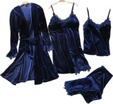 Thumbnail for your product : Chongmu Women Velvet Pyjama Sets Lace Cami Long Sleeve Robes 4pcs Sleepwear Pants Sexy Nightdress Navy