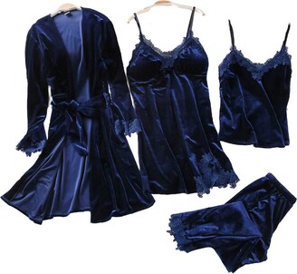 Chongmu Women Velvet Pyjama Sets Lace Cami Long Sleeve Robes 4pcs Sleepwear Pants Sexy Nightdress Navy
