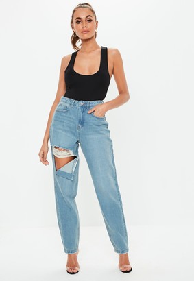 Missguided Petite Blue Stone Wash Ripped Thigh High Waisted Mom Rigid Jeans