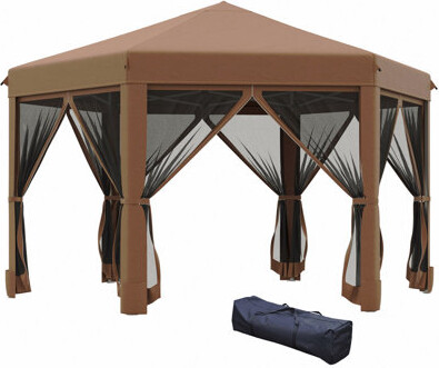 Ning Hexagonal Pop Up Gazebo For Outdoor Use With Adjustable Height & Steel Frame (Brown)