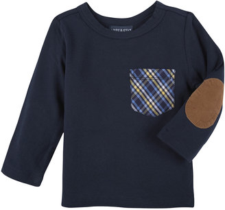 Andy & Evan Long-Sleeve Plaid-Pocket Jersey Tee, Navy, Size 3-24 Months