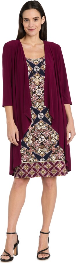 R & M Richards Women's Printed Interlock Twist Yarn Jacket Dress 2-Piece Set - Burgundy/Navy