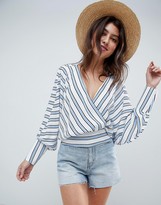 Thumbnail for your product : ASOS DESIGN batwing plunge long sleeve top in blue & white stripe