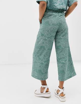 Monki cropped wide leg pants with elastic waist and cloud print in turquoise