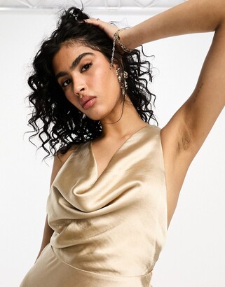 ASOS DESIGN satin high shine cowl neck midi dress with strappy back in gold  - ShopStyle