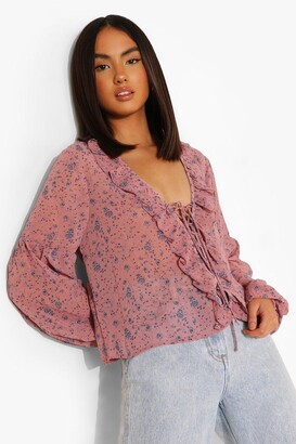 boohoo Woven Floral Lace Up Ruffle Blouse