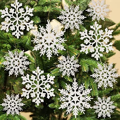 36pcs Christmas White Snowflake Ornaments Plastic Glitter Snow Flakes Ornaments for Winter Christmas Tree Decorations Size Varies Craft Snowflakes
