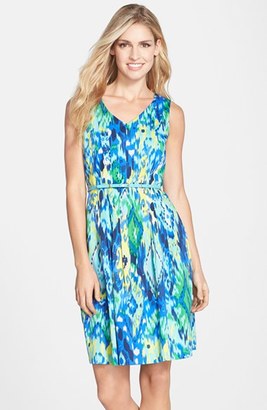 Ellen Tracy Belted Print Cotton Fit & Flare Dress