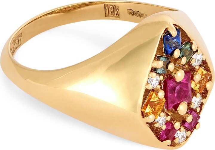 Suzanne Kalan Yellow Gold Diamond and Rainbow Sapphire La Fantaisie Signet Ring