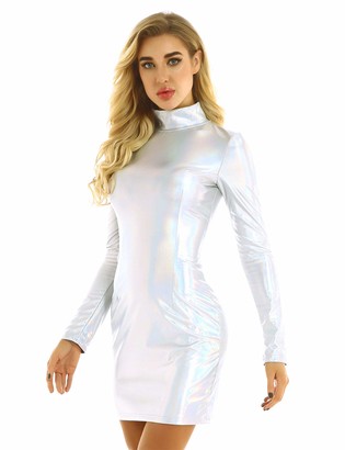 CHICTRY Women's Shiny Holographic Mock Neck Slim Fit Bodycon Mini ...