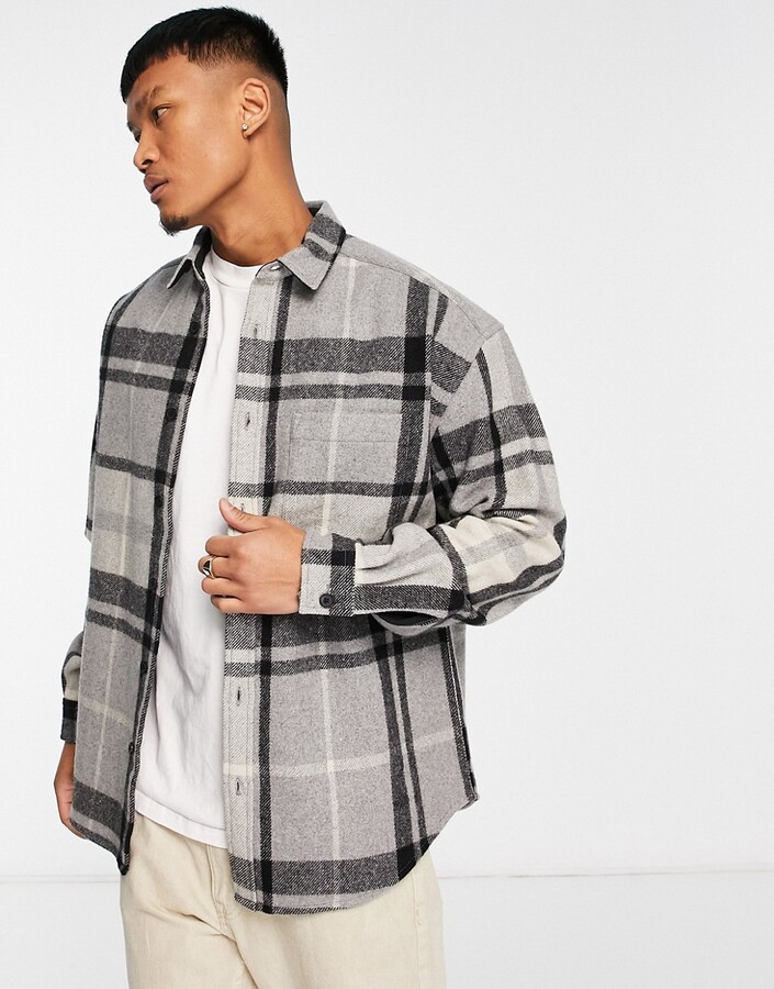 ASOS DESIGN 90s oversized wool mix check shirt in gray - ShopStyle
