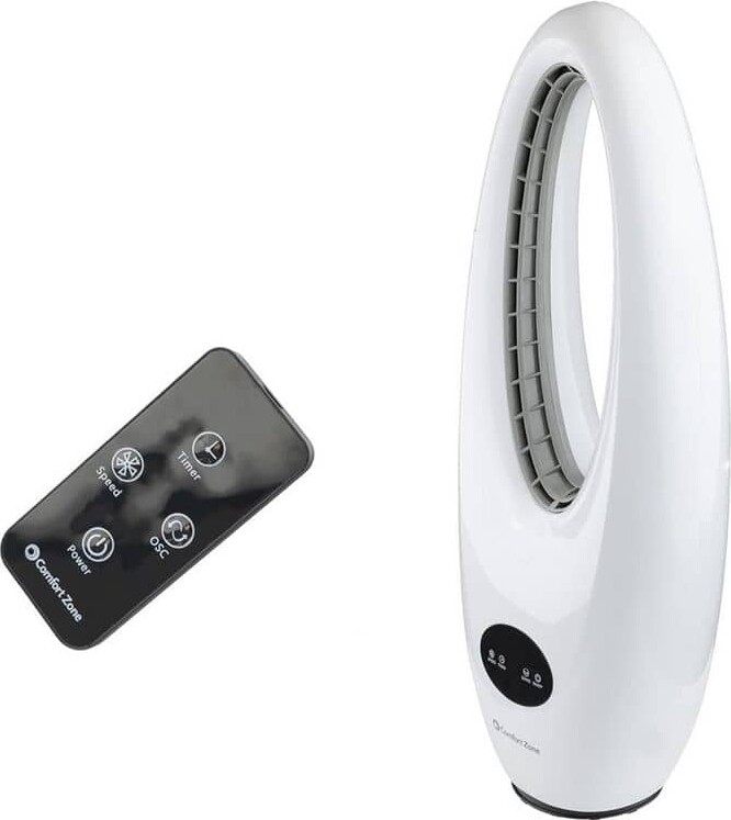 Comfort Zone 28 in. Tall. 5 in. Diameter Base, 3 Speed Bladeless Tower Fan with Oscillation, Timer Function, and Remote in White