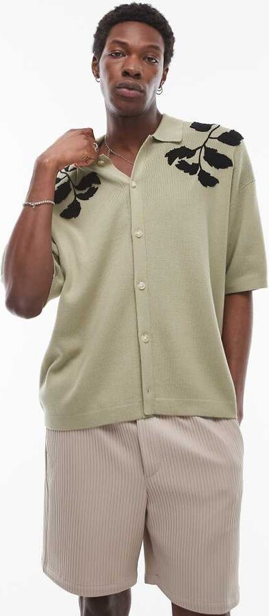 Topman embroidered floral knit shirt in sage and black