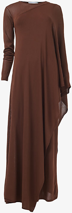 Leem Womens Brown Asymmetric-Sleeve Knitted Maxi Dress S