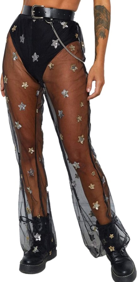 ZGMYC Women Shiny Sheer Mesh Flare Pants Sexy High Waist Bell